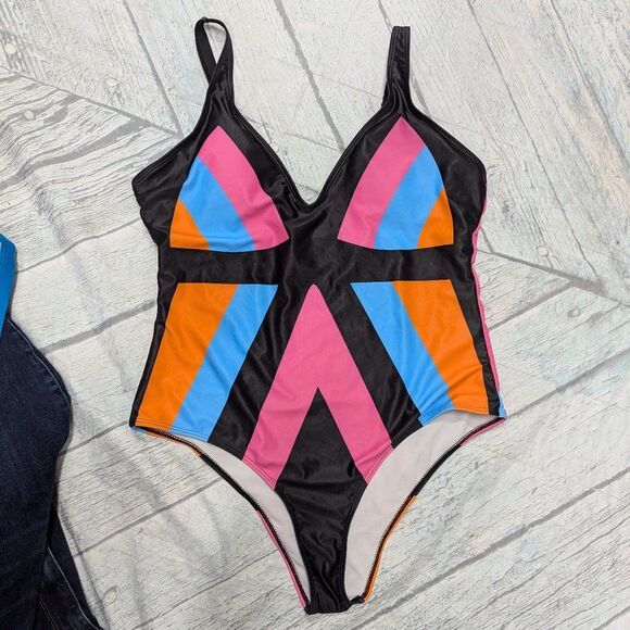 SheIn 1x colorblock geometric stripe one piece swimsuit bathing suit swim - Picture 1 of 6